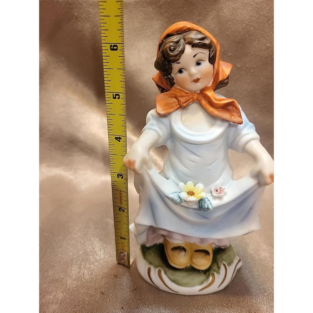 Vintage Ceramic Figurine - Girl With Red Scarf Holding Flowers in Her Dress - Picture 10 of 10
